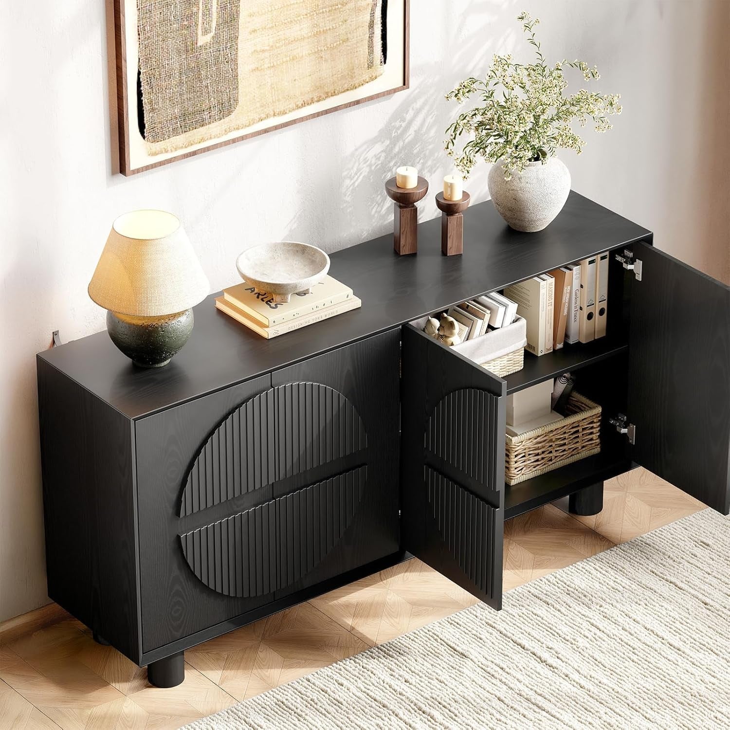 Black Fluted Buffet Cabinet With Storage Compartments-4