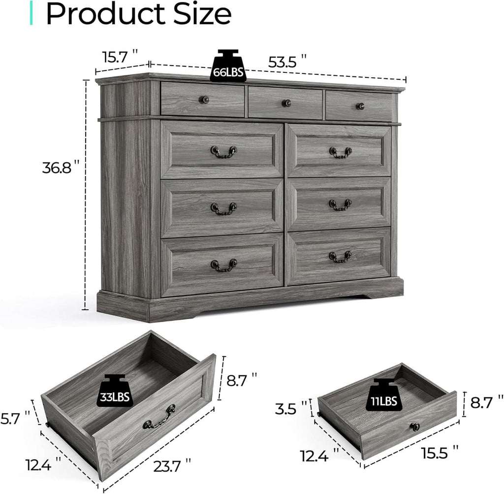 Grey 9-Drawer SolidWood Dresser For Bedroom Storage-1