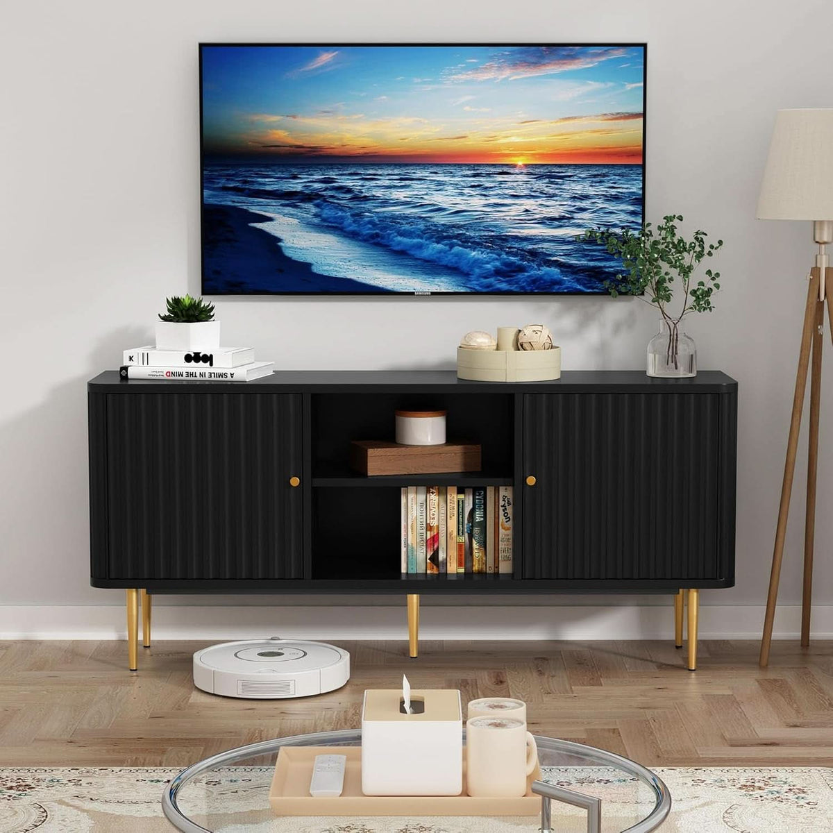55 Inch Fluted TV Stand Black Mid Century Modern Entertainment Center-3