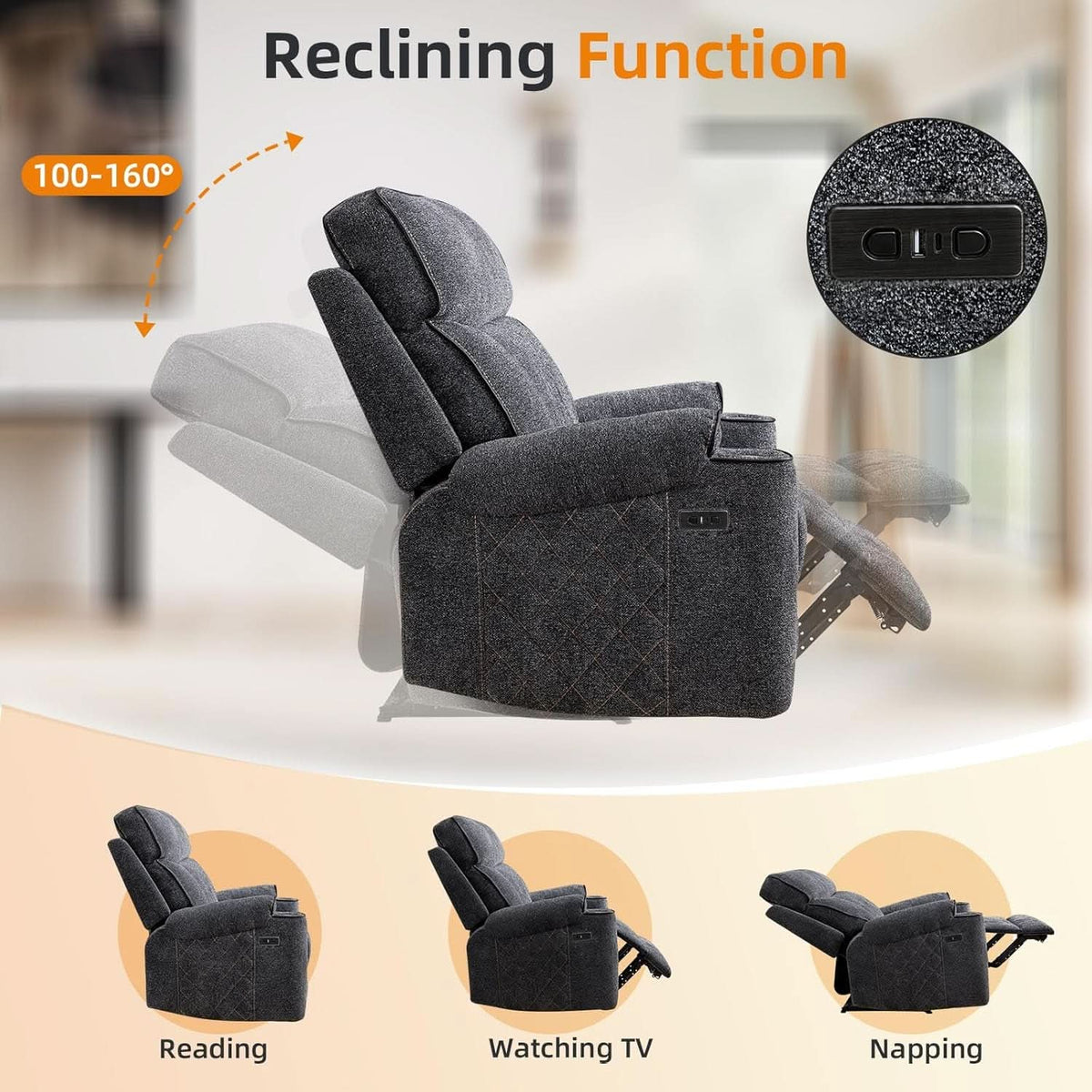 Grey Fabric 3-Seater Electric Recliner Sofa with Cup Holders-4