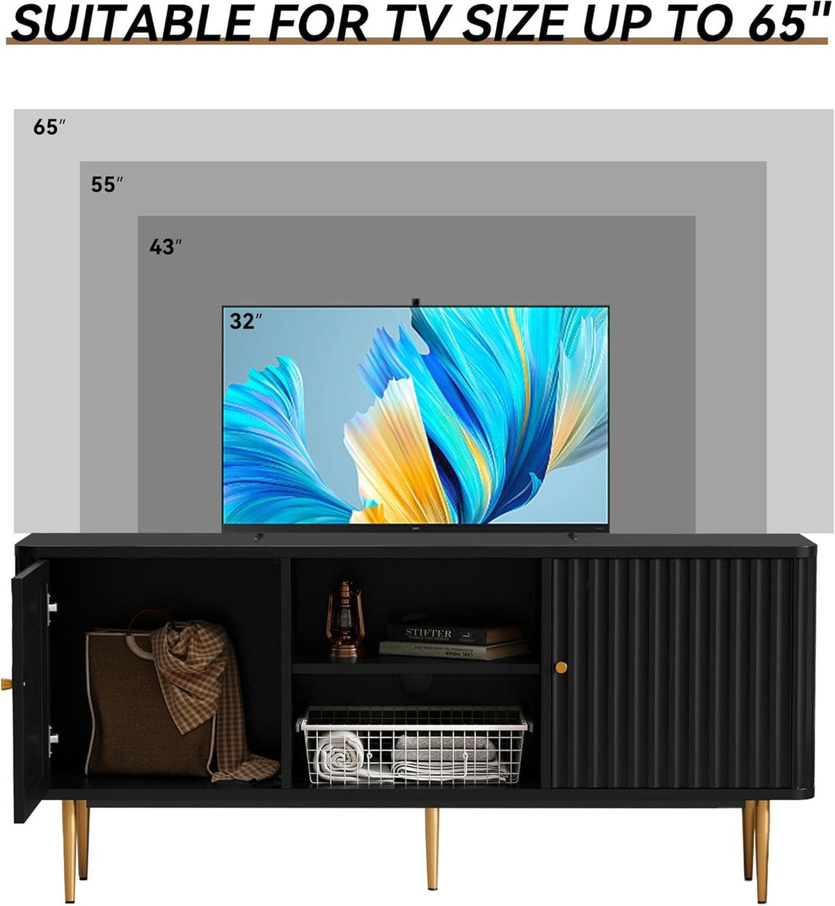 55 Inch Fluted TV Stand Black Mid Century Modern Entertainment Center-2