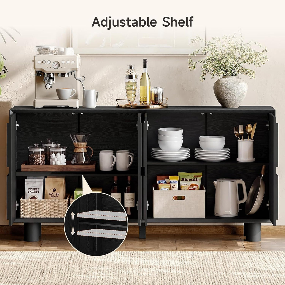 Black Fluted Buffet Cabinet With Storage Compartments-3
