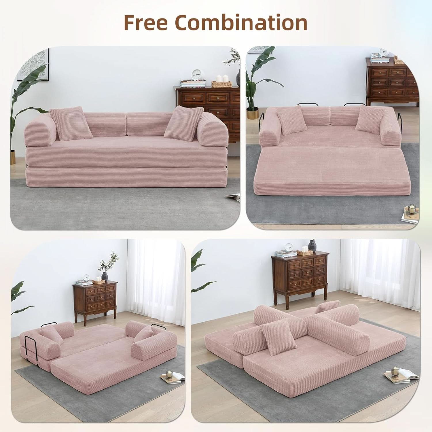 Transformable Sofa Bed QueenSize Pink Folding Frame-3