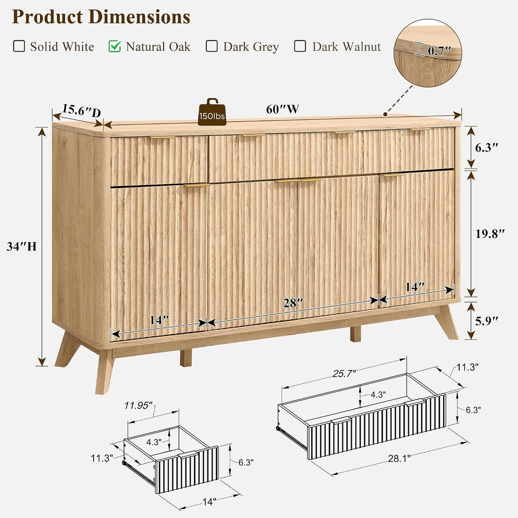 60 Inch Natural Oak Premium Quality Buffet Side board-1