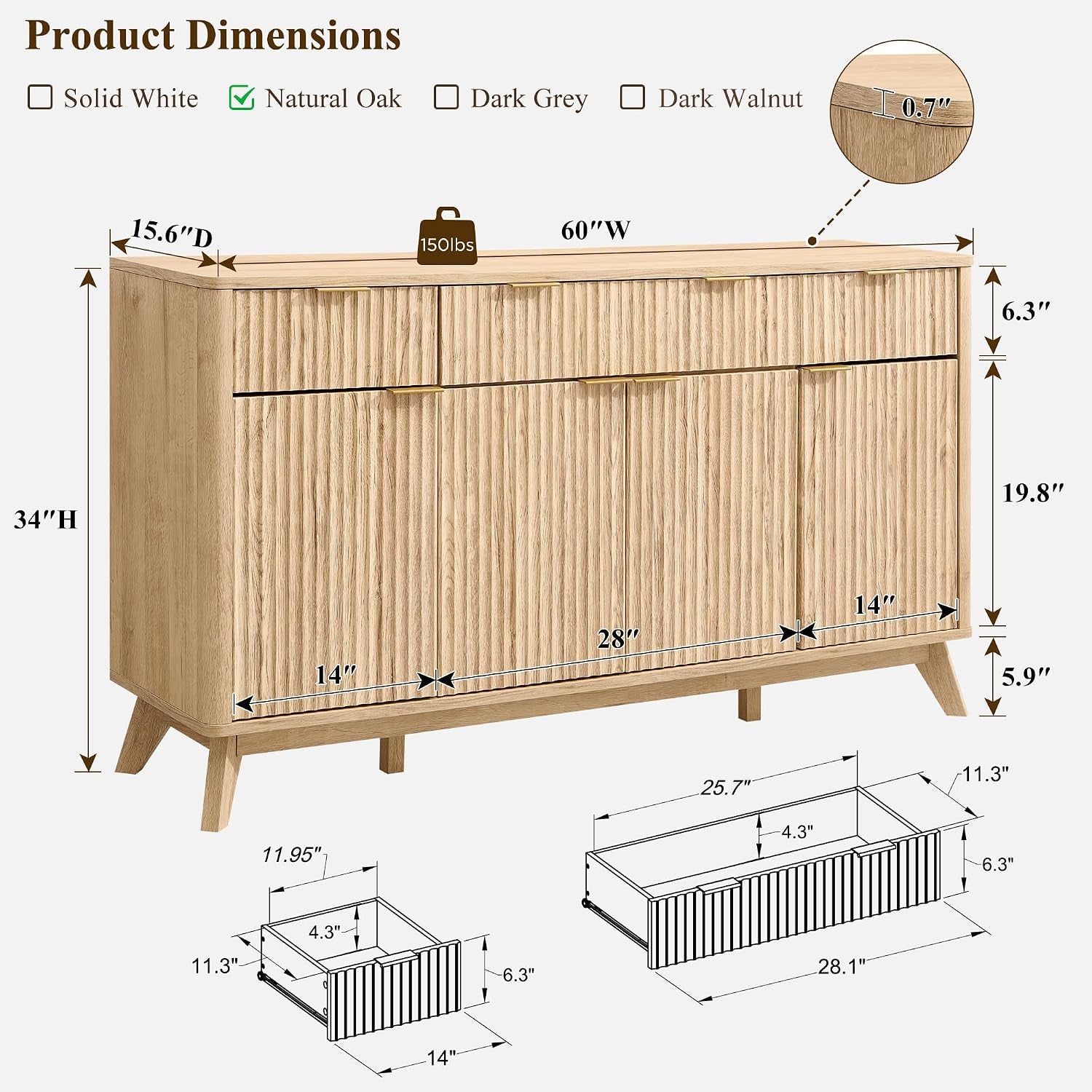 60 Inch Natural Oak Premium Quality Buffet Side board-1