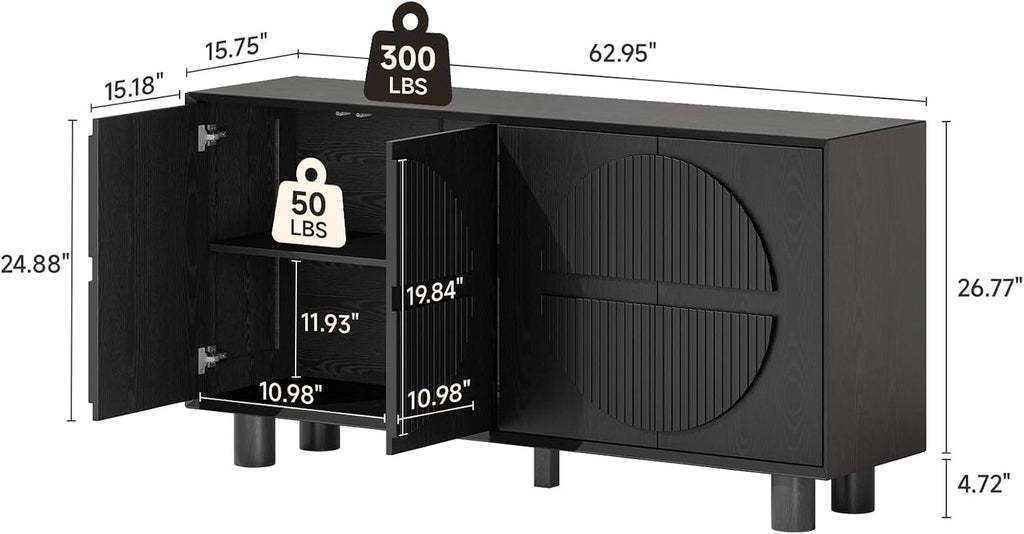 Black Fluted Buffet Cabinet With Storage Compartments-1