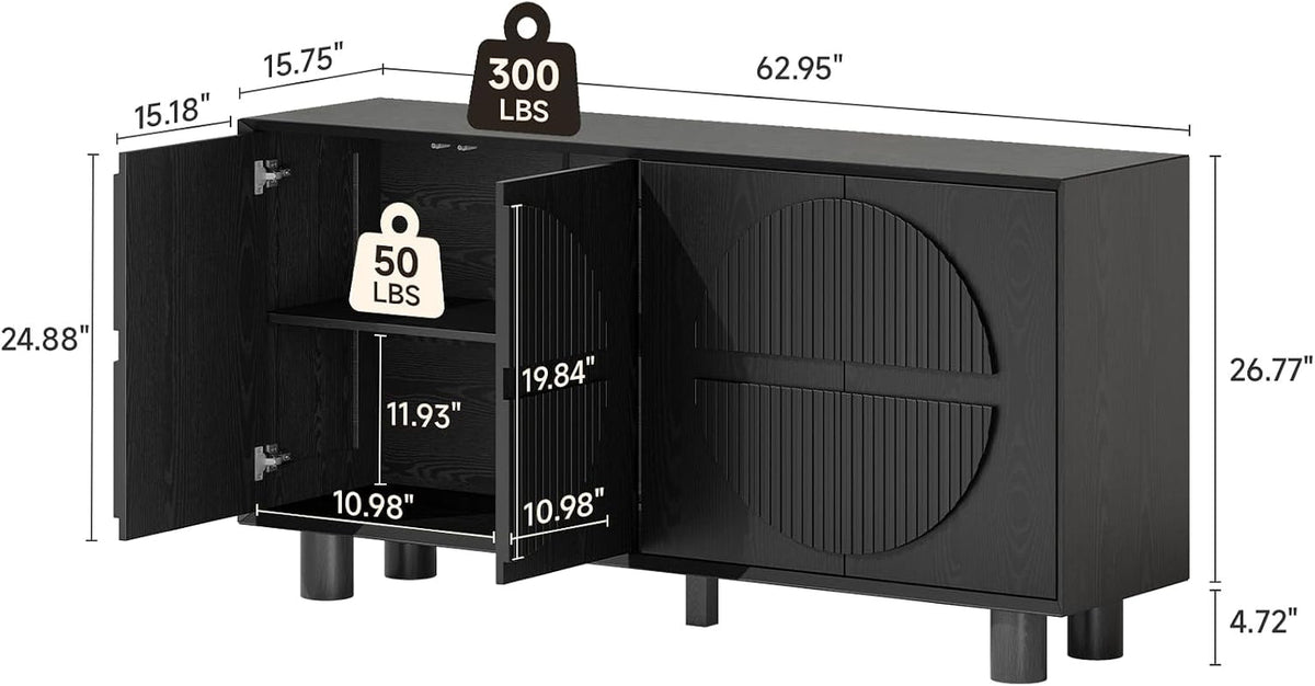 Black Fluted Buffet Cabinet With Storage Compartments-1