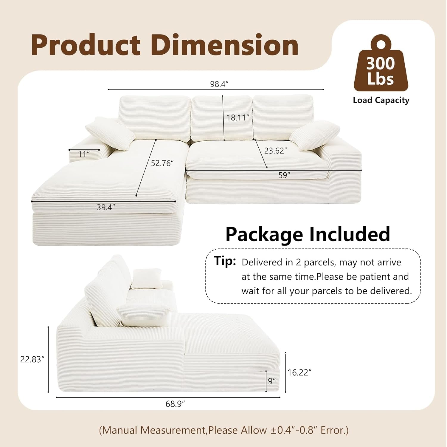 98.4Inch Cloud Modular Sectional Sofa Beige Chaise-1
