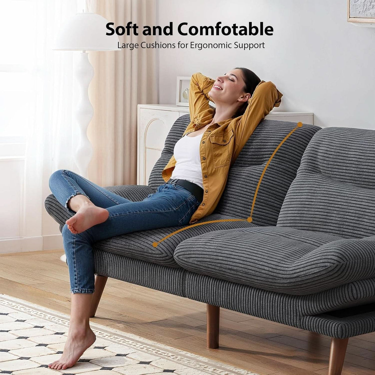 Corduroy Grey 73In Adjustable Backrest Futon SofaBed-2