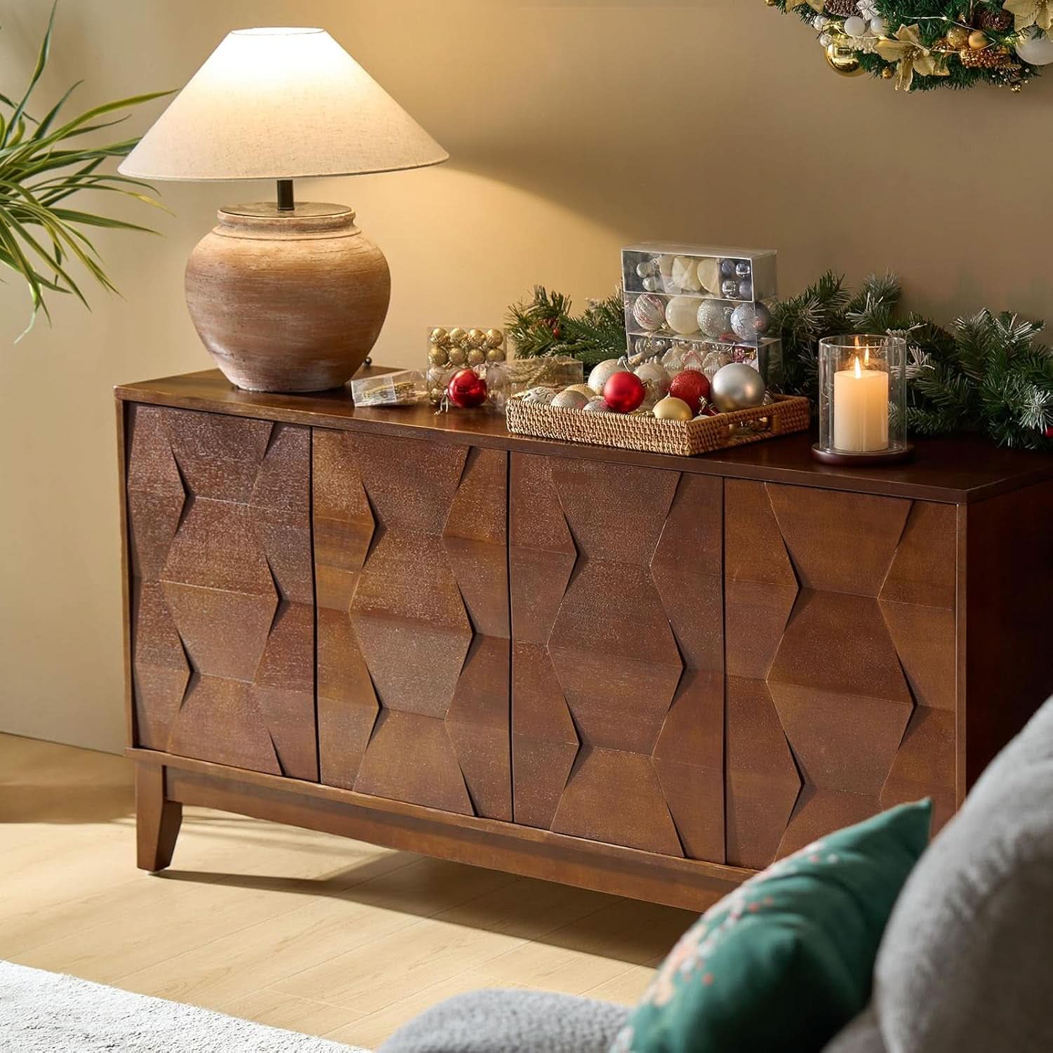 Walnut Mid Century Sideboard Buffet With Solid Wood Legs-2