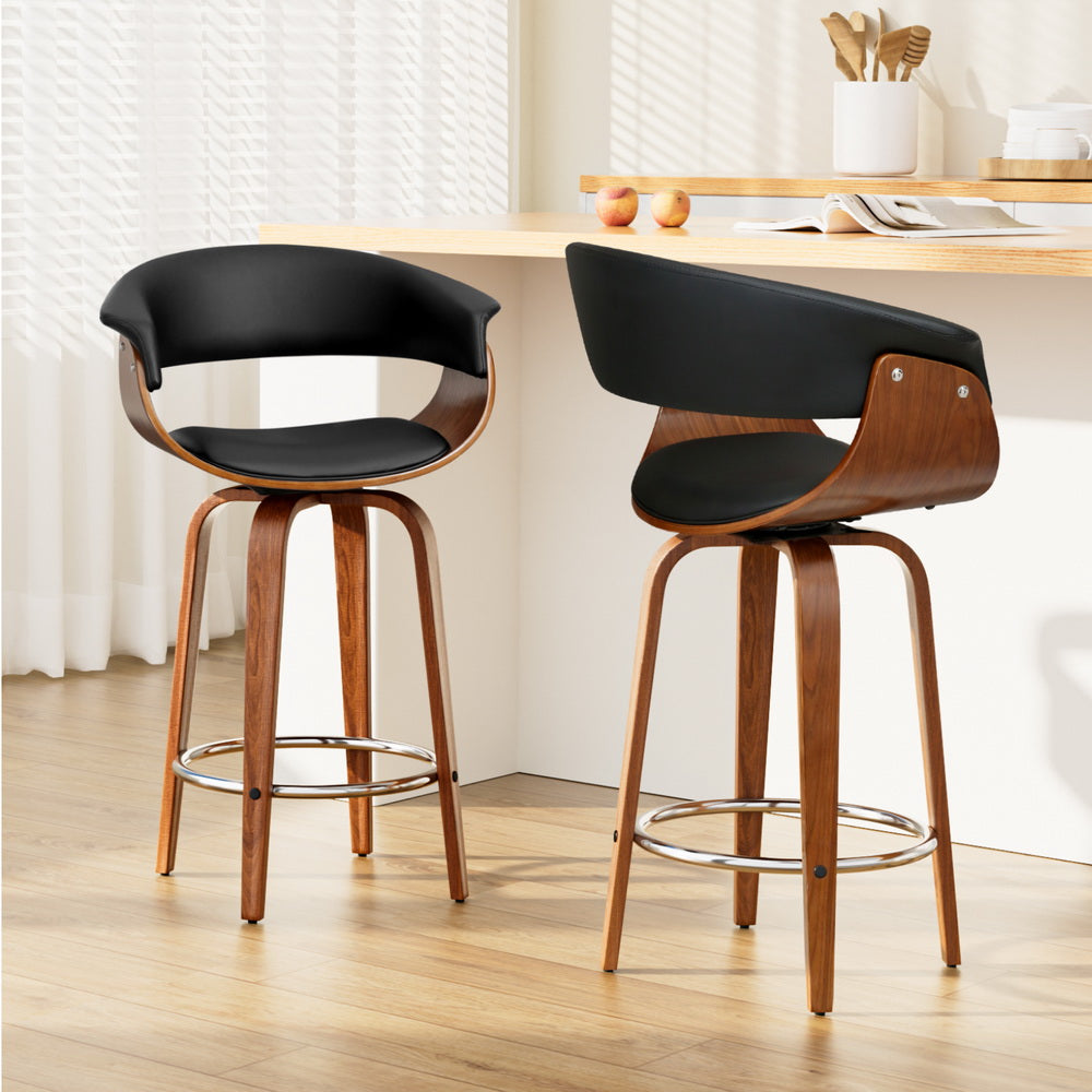 Artiss 2x Bar Stools Swivel PU Seat Wooden-0