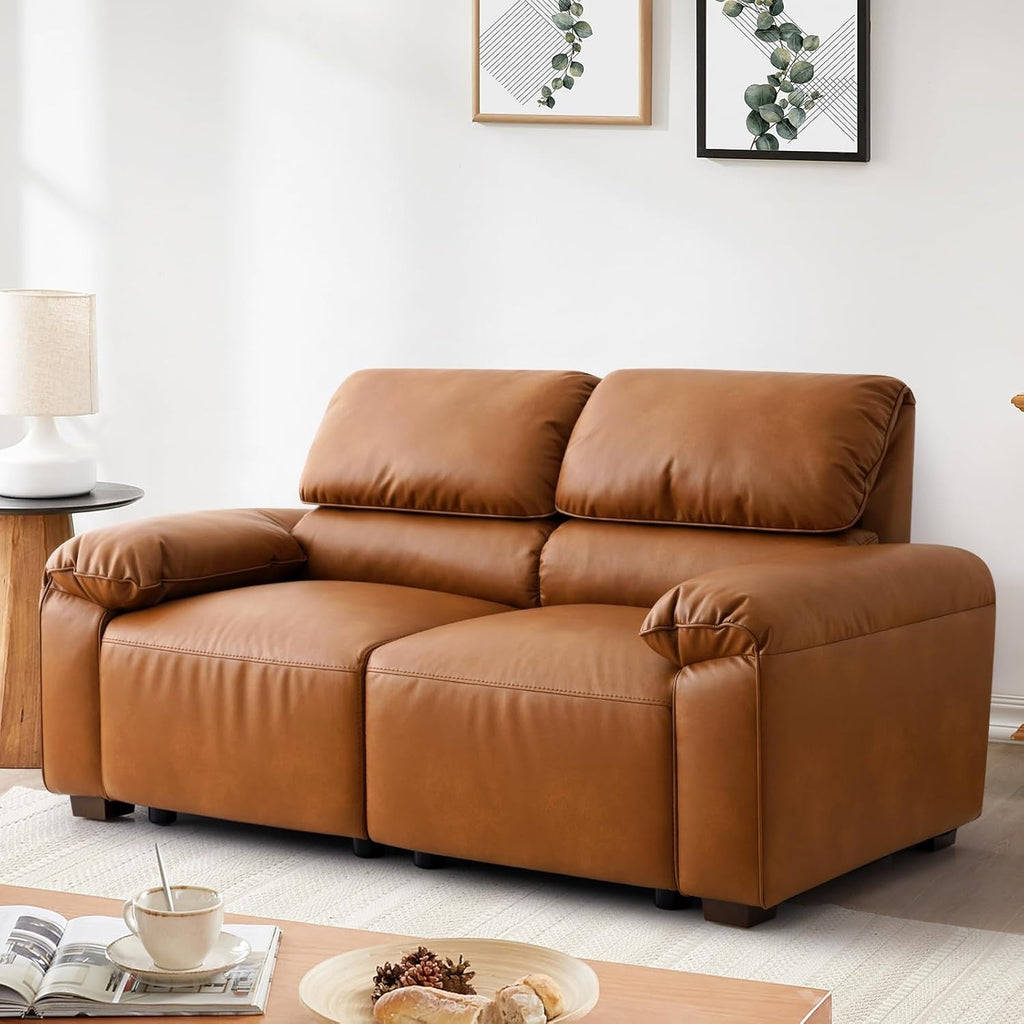 68 Inch PU Leather Loveseat Mid CenturyModern Brown-1