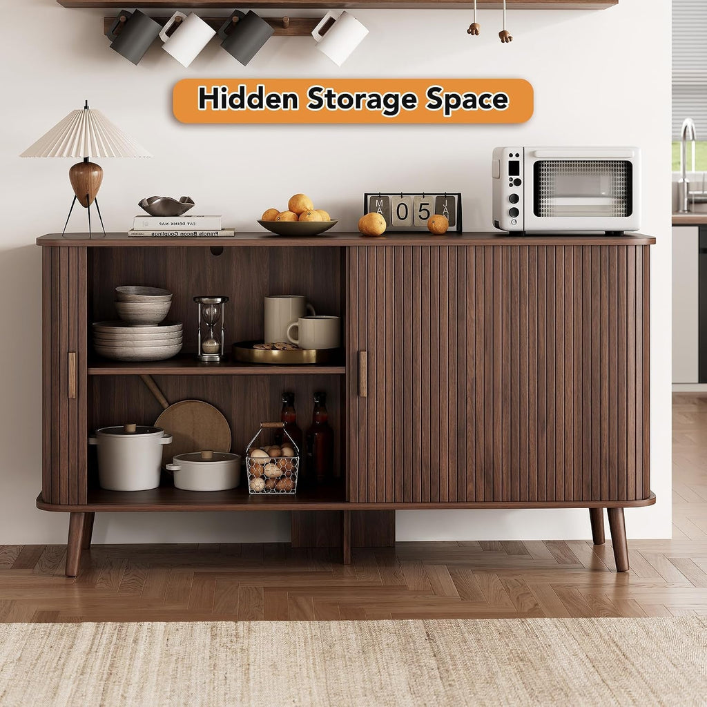 Walnut Fluted Sideboard Buffet Cabinet With Doors-4