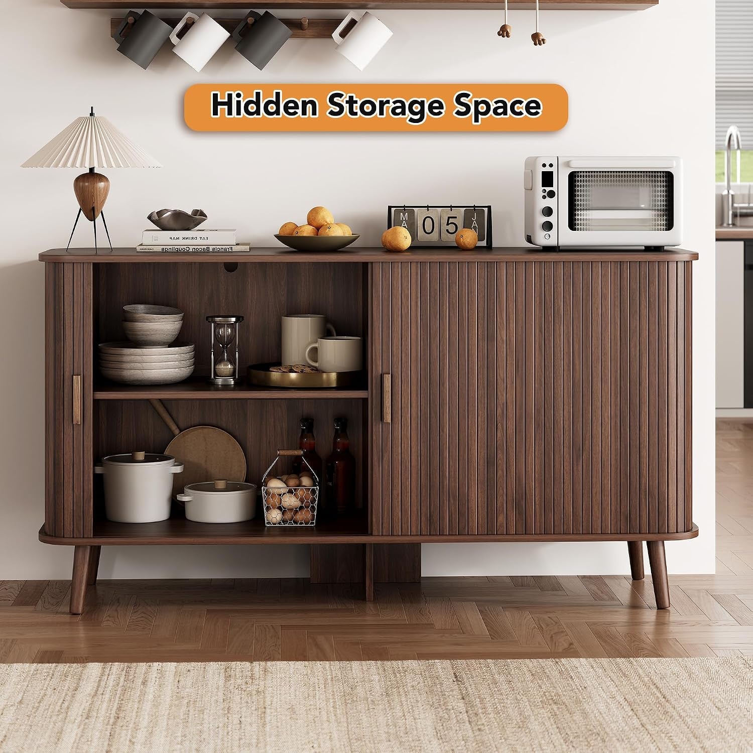 Walnut Fluted Sideboard Buffet Cabinet With Doors-4