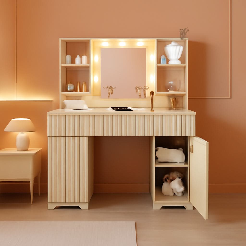 Fluted Wood Vanity Desk 48 Inch Tempered Glass Mirror-0