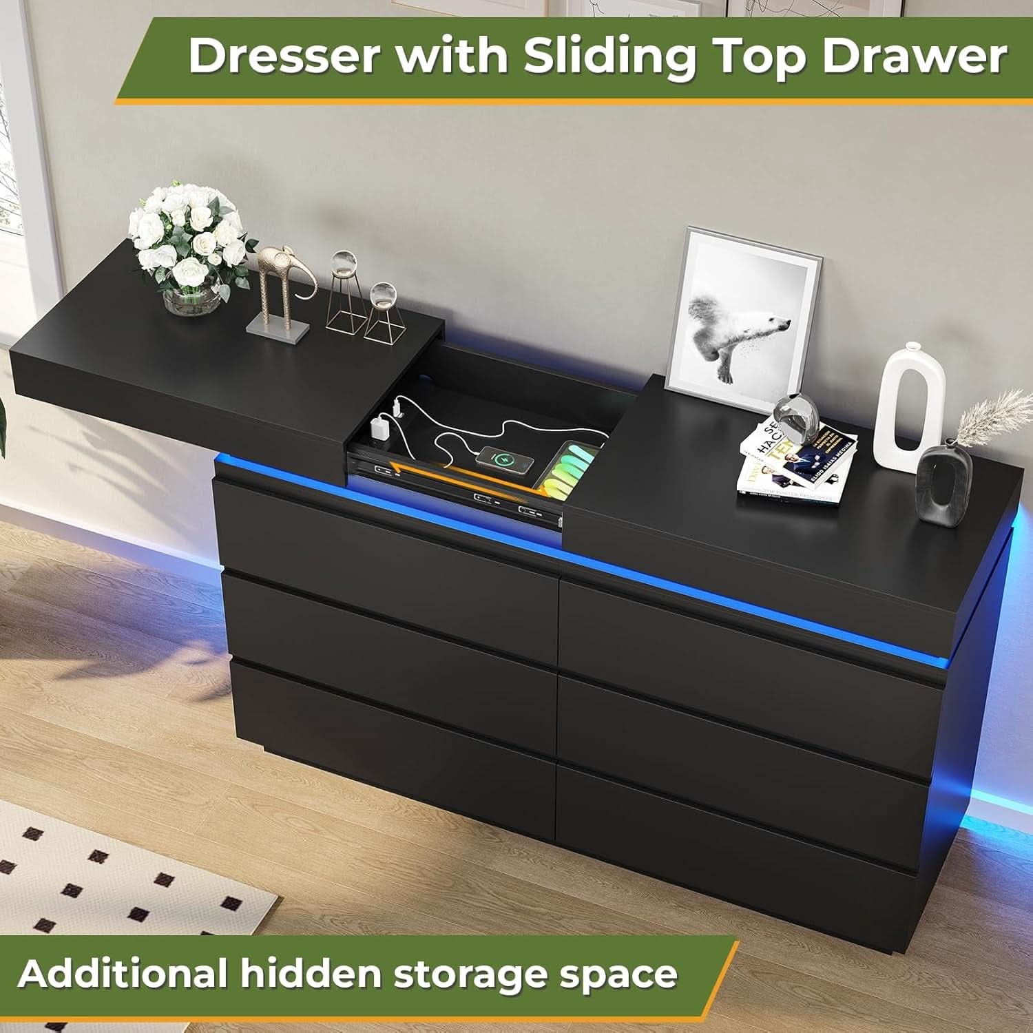 Black Multifunctional Dresser With Sliding Desk LED-3