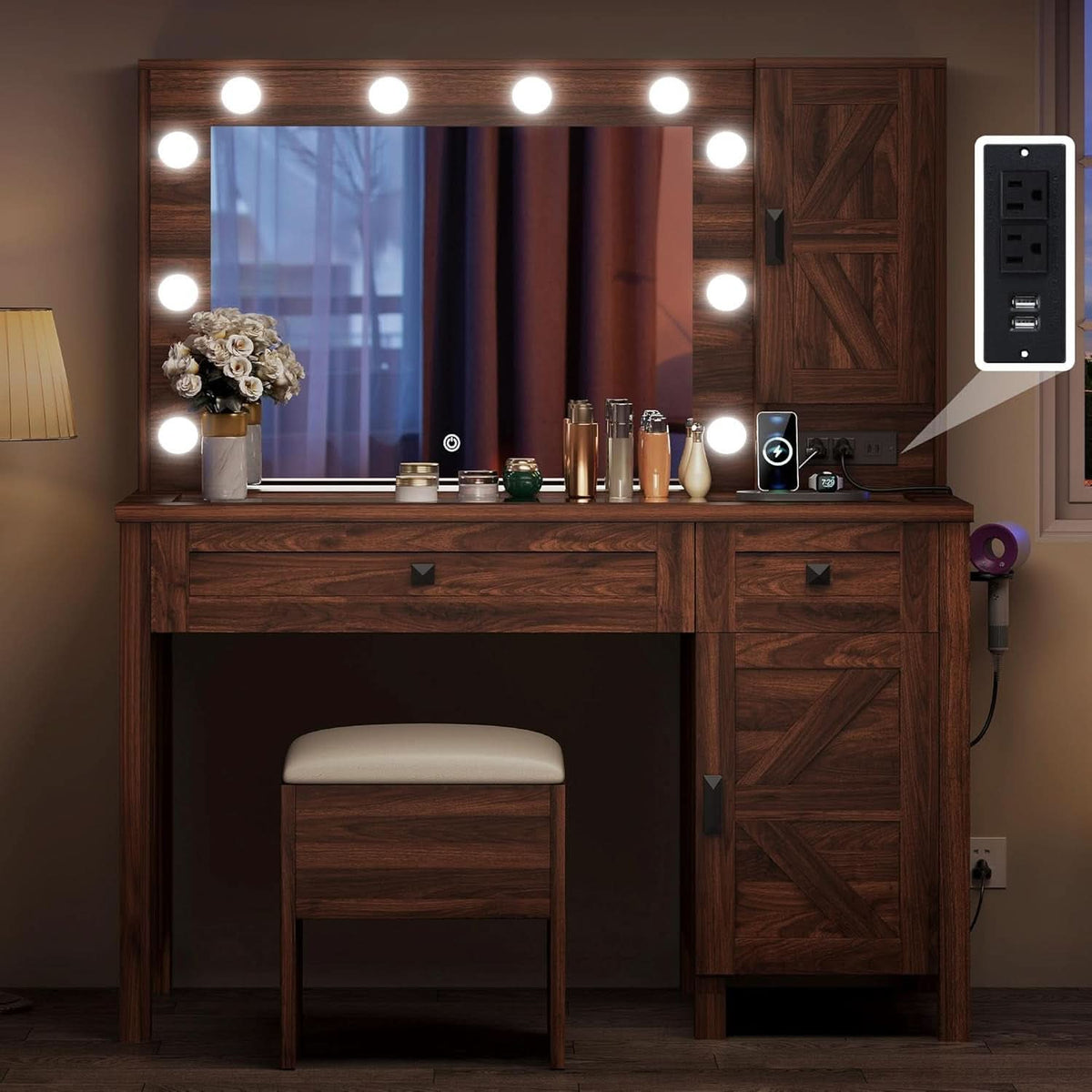Contemporary Rustic Brown Vanity Desk With Lighting-1