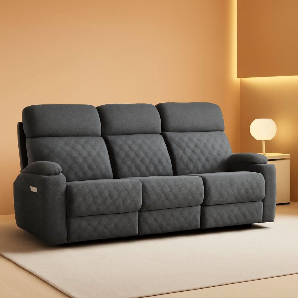 Grey Fabric 3-Seater Electric Recliner Sofa with Cup Holders-0