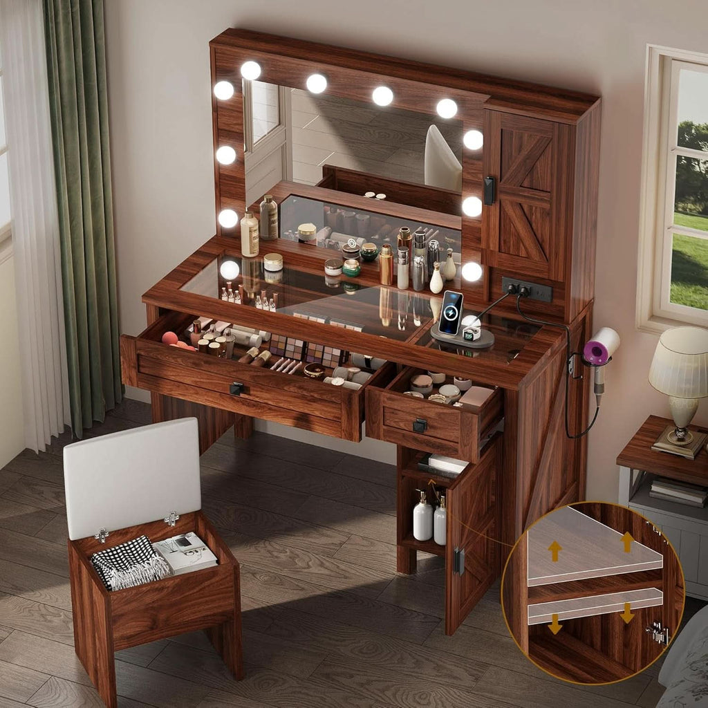 Contemporary Rustic Brown Vanity Desk With Lighting-2