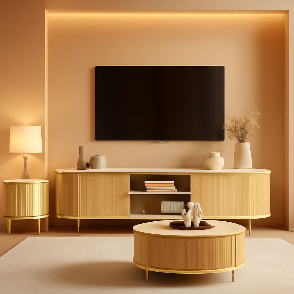 Fluted SeventyInch TV Console Set Premium Wood Coated Edition-0