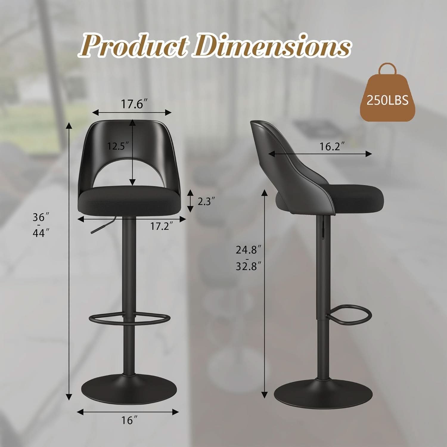 Bar Stools Set Of 3 Height Adjustable Swivel Black-2