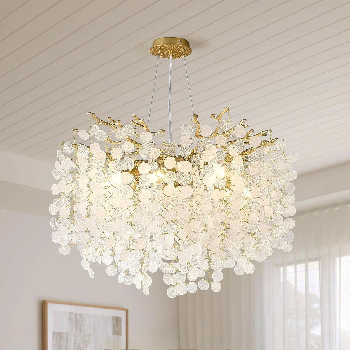 Gilded Capiz Shell Chandelier Crystalline Tree Branch-0