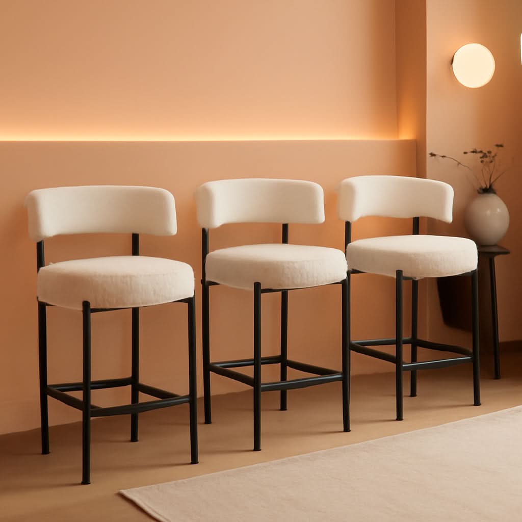 Boucle Bar Stools Set Of 3 24 Inch White Upholstered Counter Stools With Backs-0