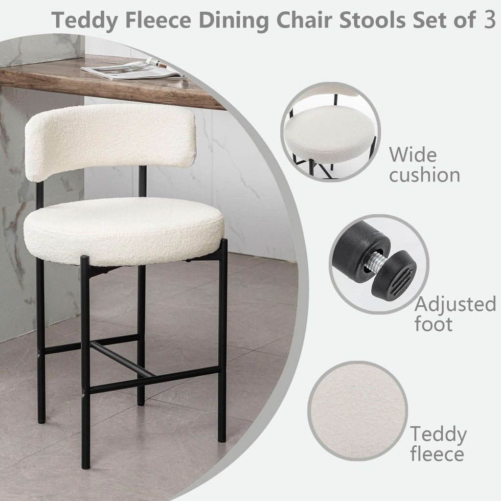 Boucle Bar Stools Set Of 3 24 Inch White Upholstered Counter Stools With Backs-2