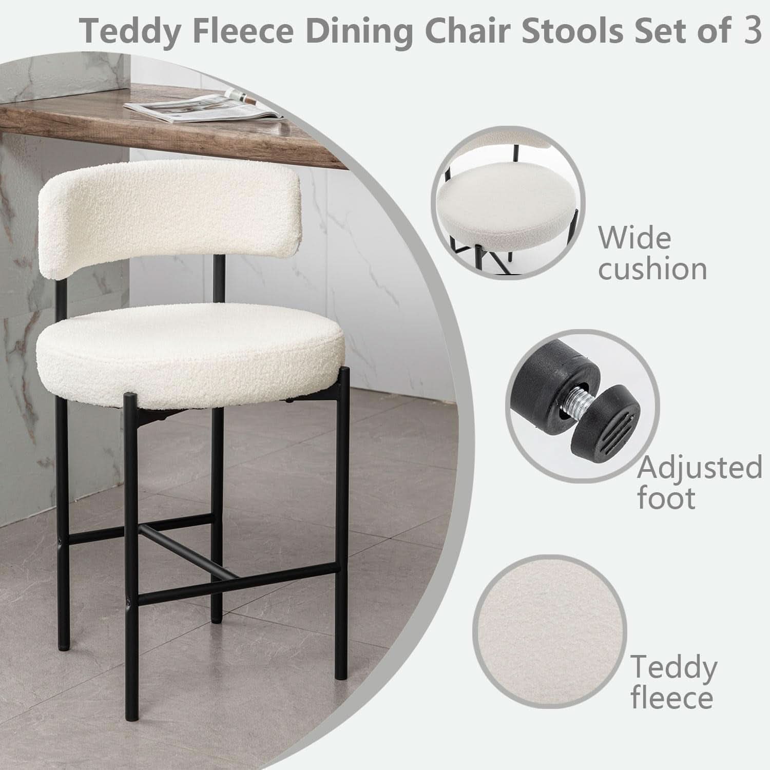Boucle Bar Stools Set Of 3 24 Inch White Upholstered Counter Stools With Backs-2