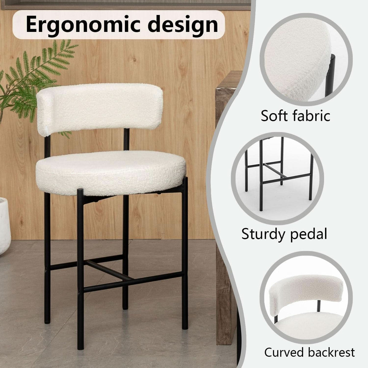 Boucle Bar Stools Set Of 3 24 Inch White Upholstered Counter Stools With Backs-3