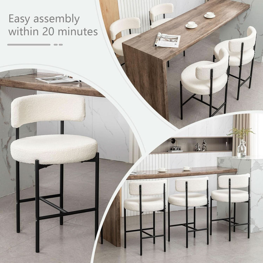 Boucle Bar Stools Set Of 3 24 Inch White Upholstered Counter Stools With Backs-4