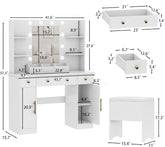 White Vanity Desk With Mirror LED Lighting System With USB Ports-1