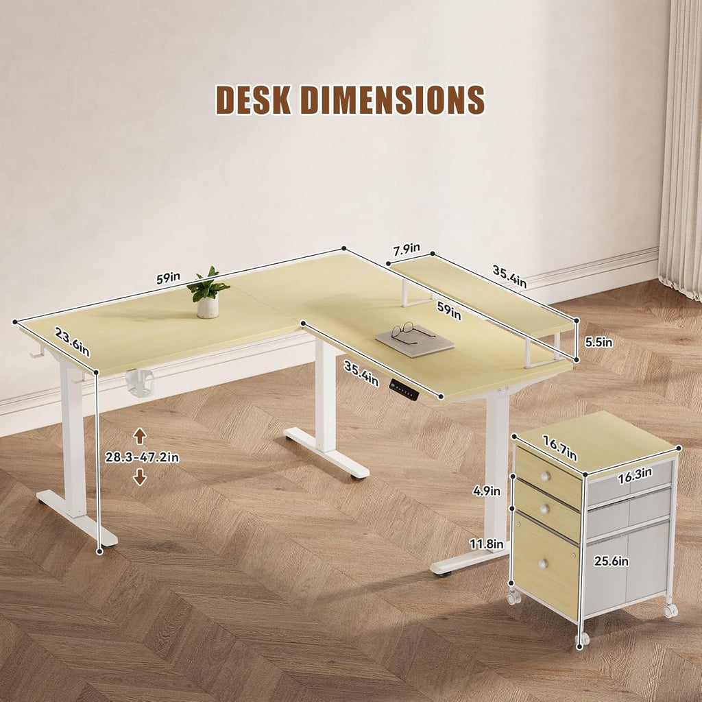 Electric LShaped Standing Work station With Drawers Maple-1