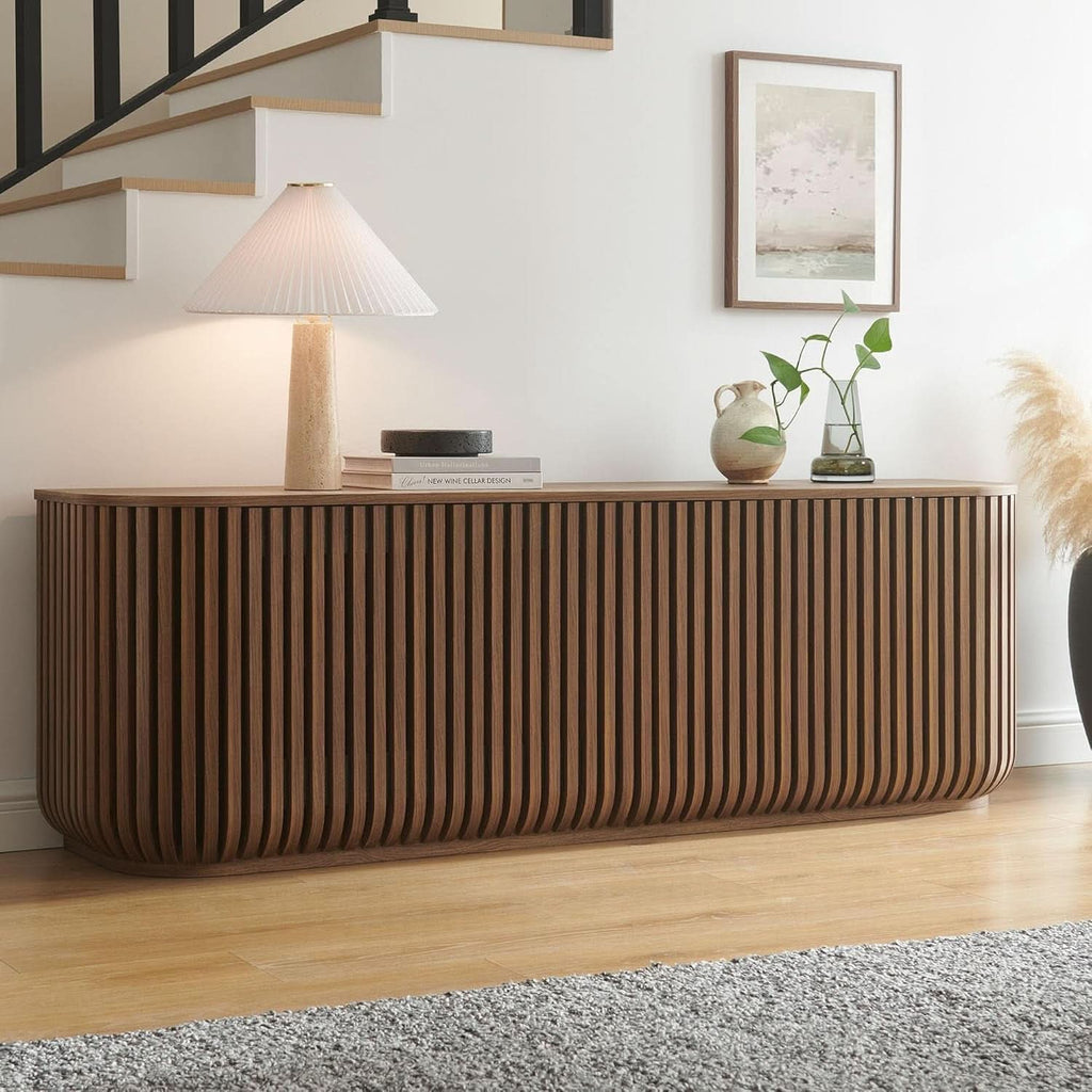 Walnut Finished Seventy Five Inch Fluted Sideboard Buffet Cabinet-4