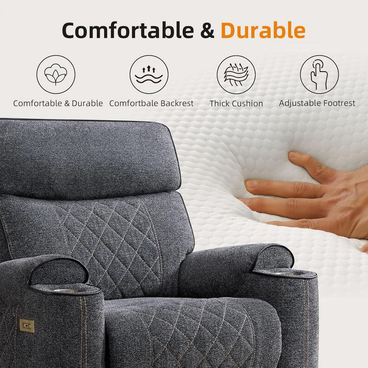 Grey Fabric 3-Seater Electric Recliner Sofa with Cup Holders-3
