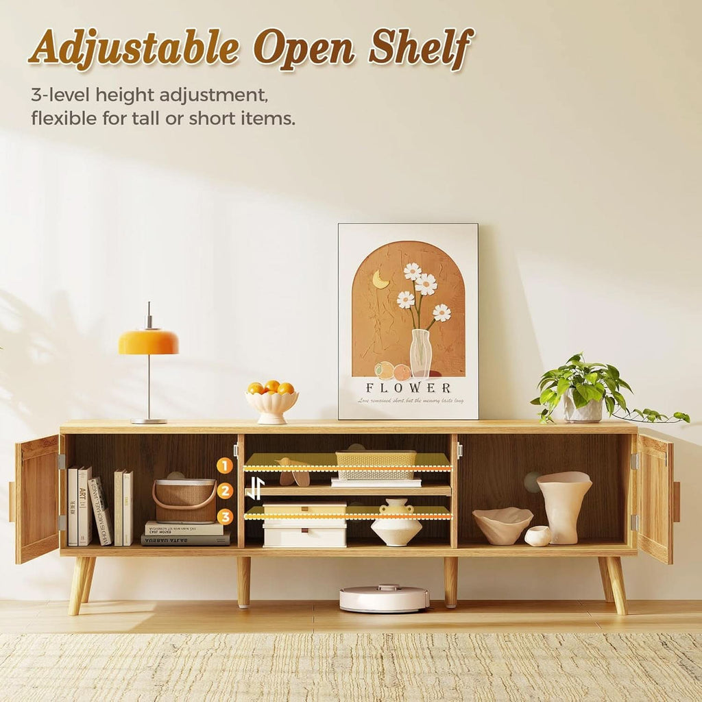65 Inch Boho TV Stand With Rattan Entertainment Center-2
