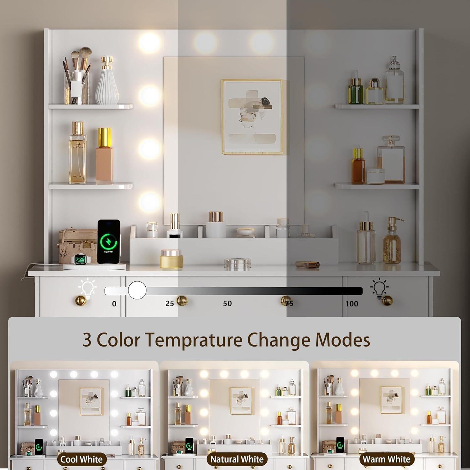 White Vanity Desk With Mirror LED Lighting System With USB Ports-4