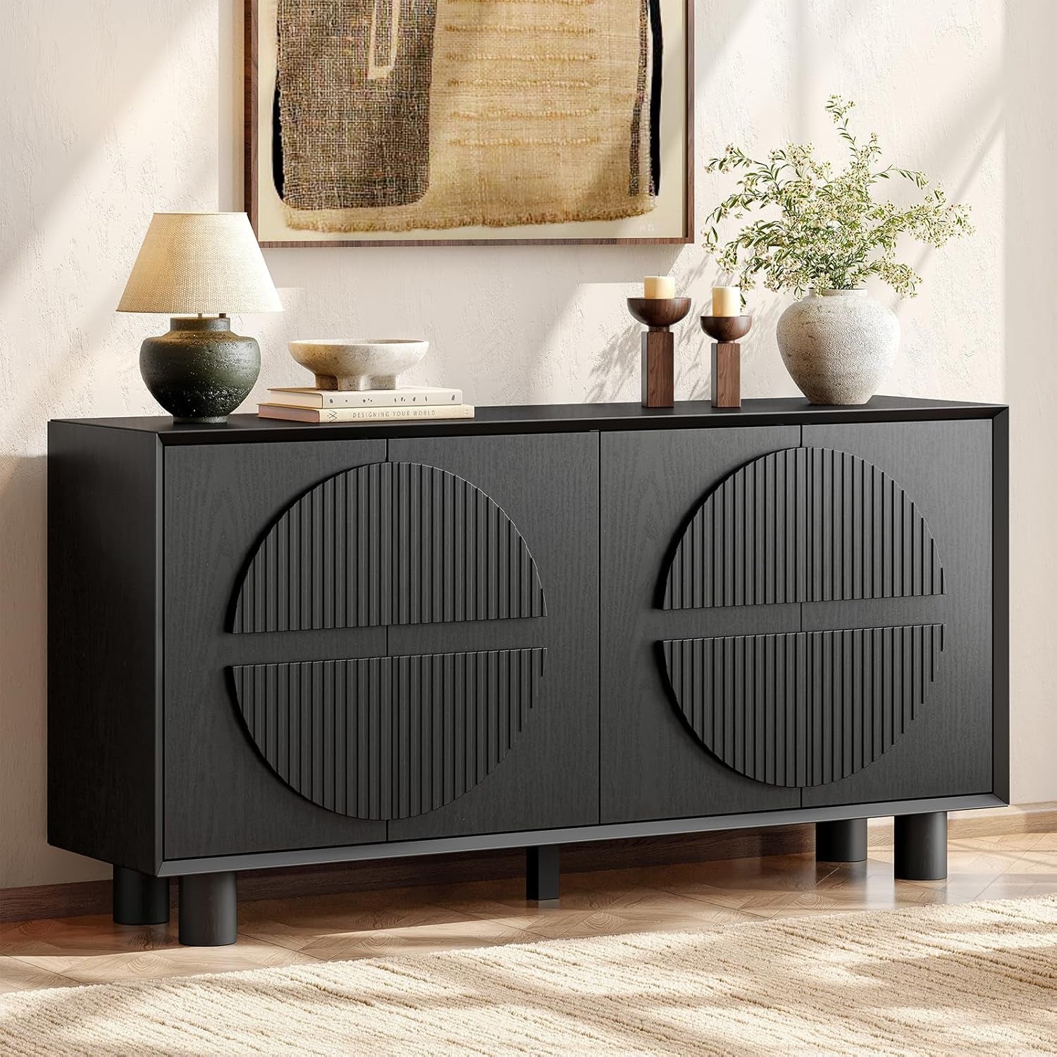 Black Fluted Buffet Cabinet With Storage Compartments-0
