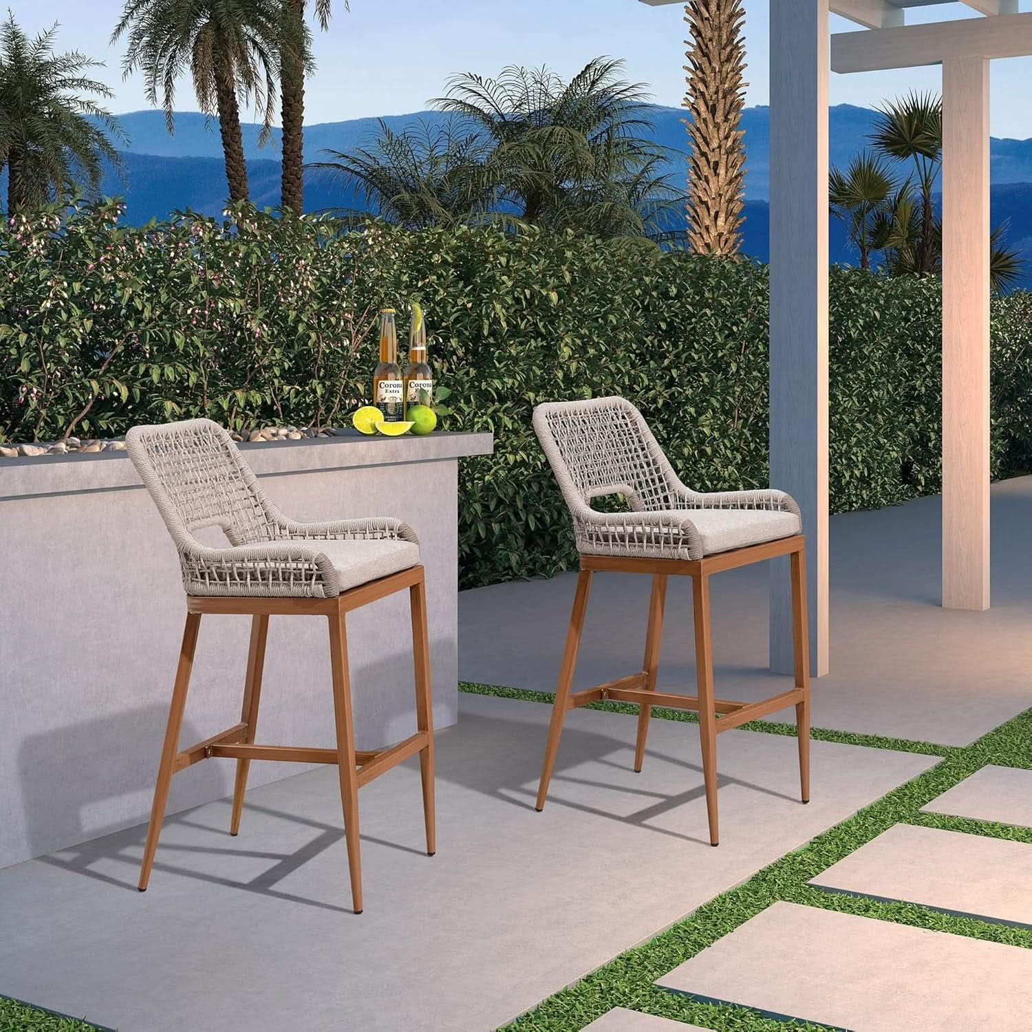 Counter Height Bar Stools With Backrest Set of 4 Rattan-2
