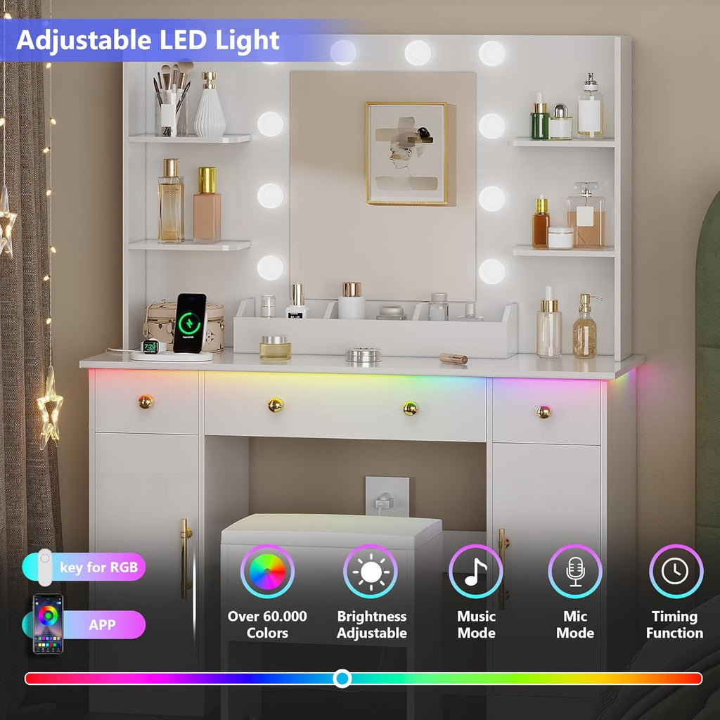 White Vanity Desk With Mirror LED Lighting System With USB Ports-3