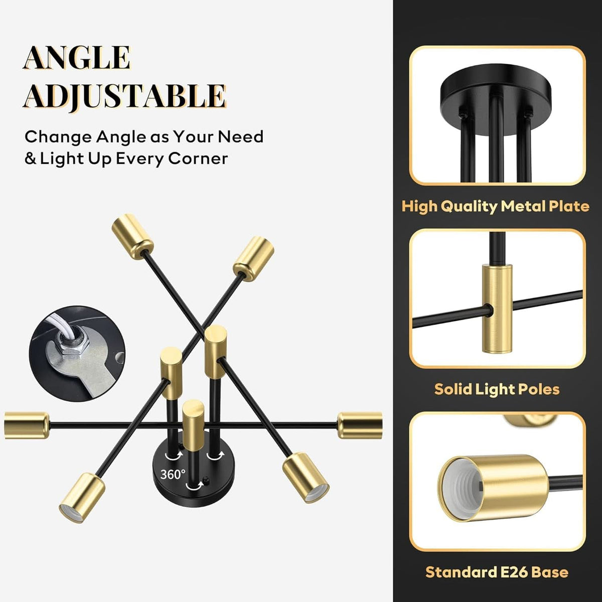 Modern Sputnik Chandelier Ceiling Light 6 Lights Black-2