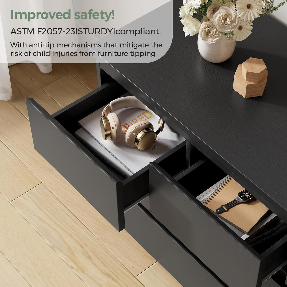 Black Seven Drawer Contemporary Wooden Dresser Bedroom-4
