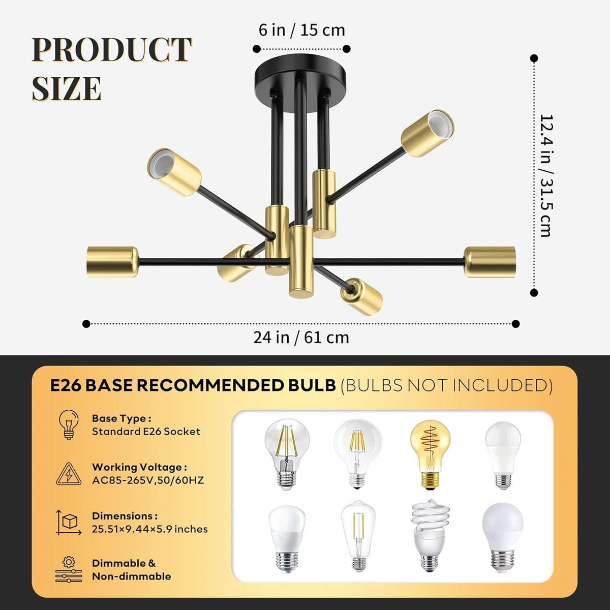 Modern Sputnik Chandelier Ceiling Light 6 Lights Black-1