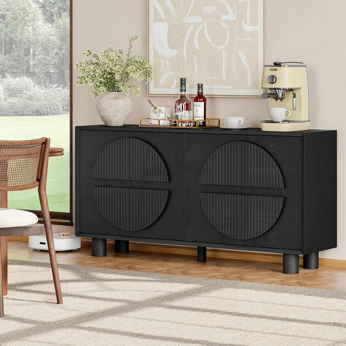 Black Fluted Buffet Cabinet With Storage Compartments-2