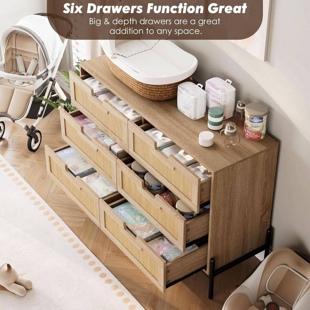 Rattan Open work Braided Chest Of Six Drawers Walnut Finish-2