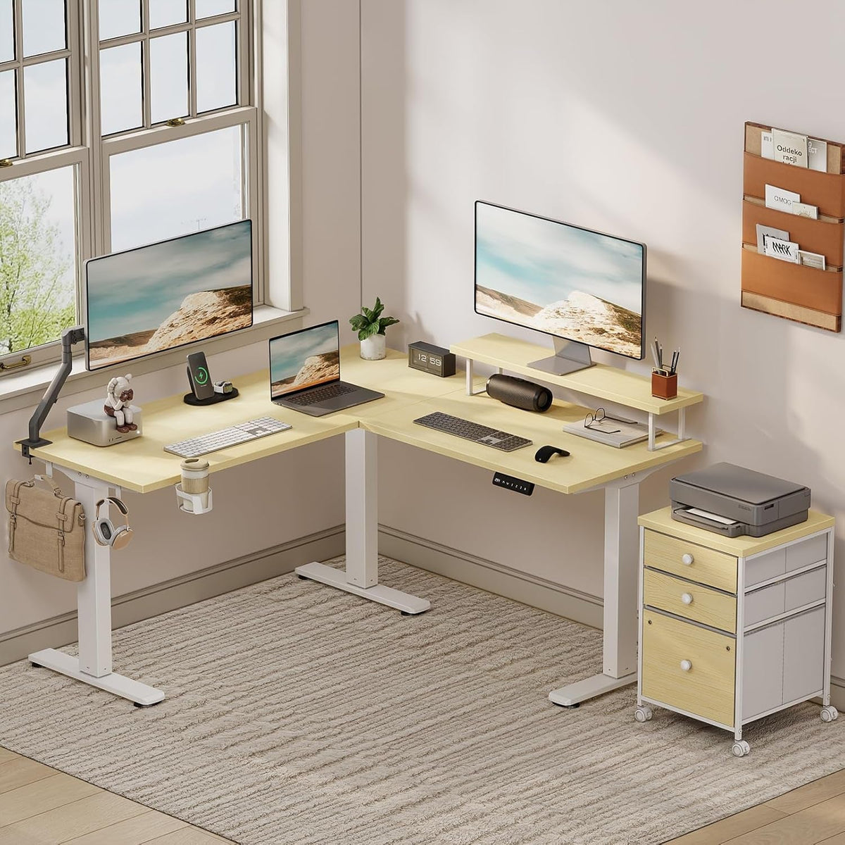 Electric LShaped Standing Work station With Drawers Maple-0