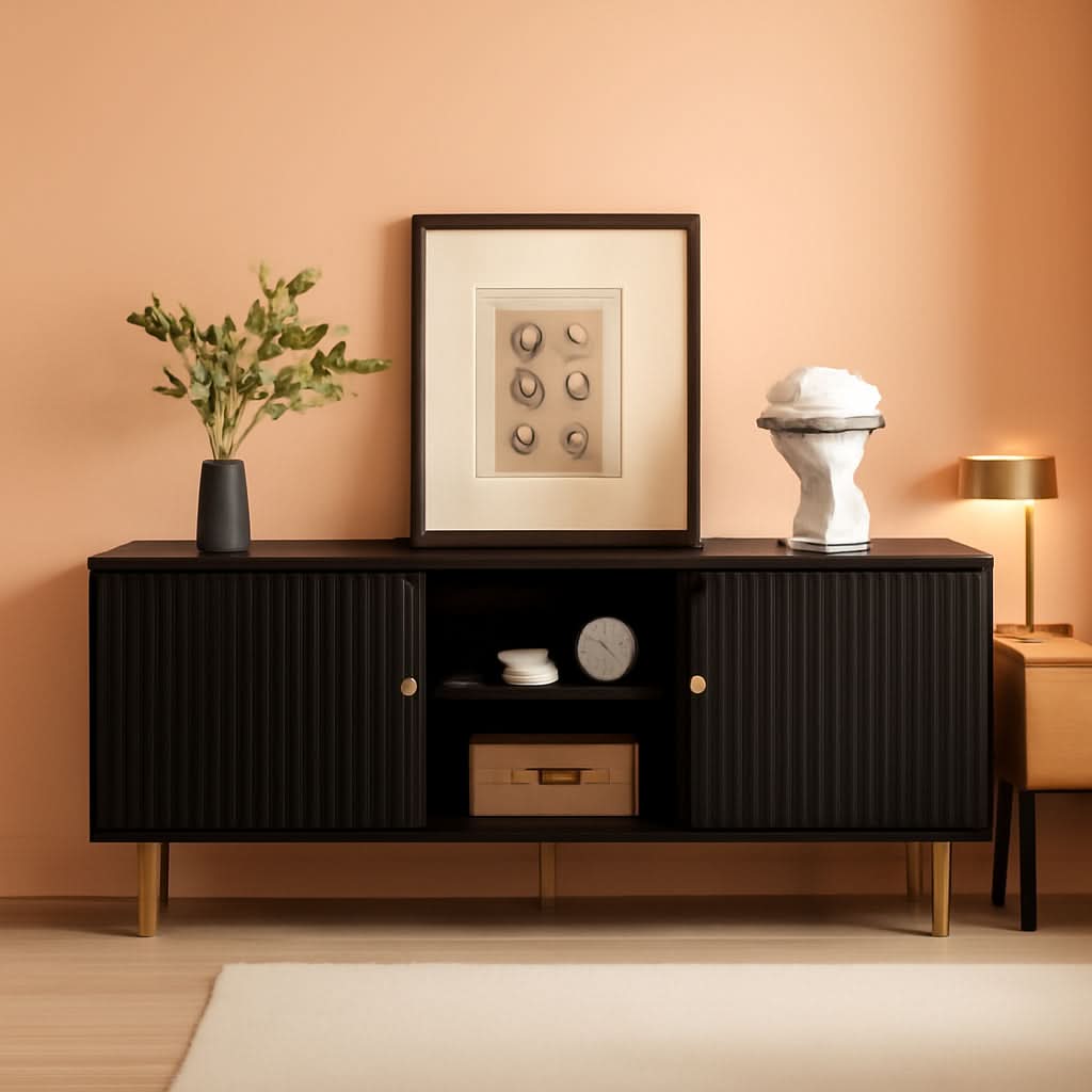55 Inch Fluted TV Stand Black Mid Century Modern Entertainment Center-0