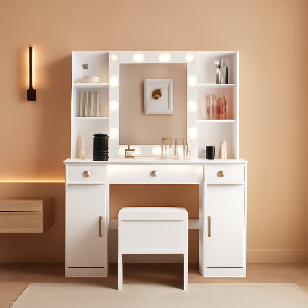 White Vanity Desk With Mirror LED Lighting System With USB Ports-0