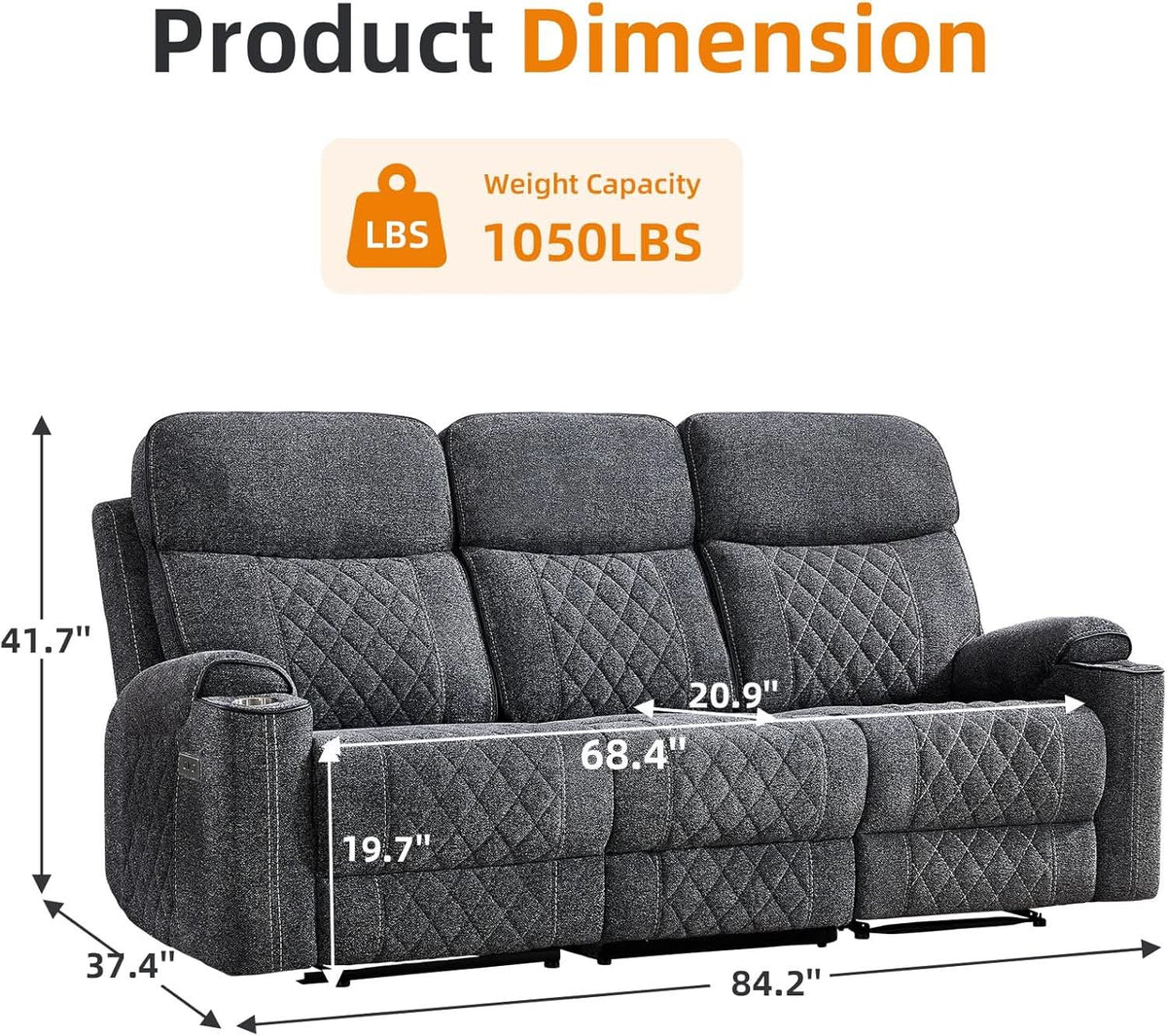 Grey Fabric 3-Seater Electric Recliner Sofa with Cup Holders-1