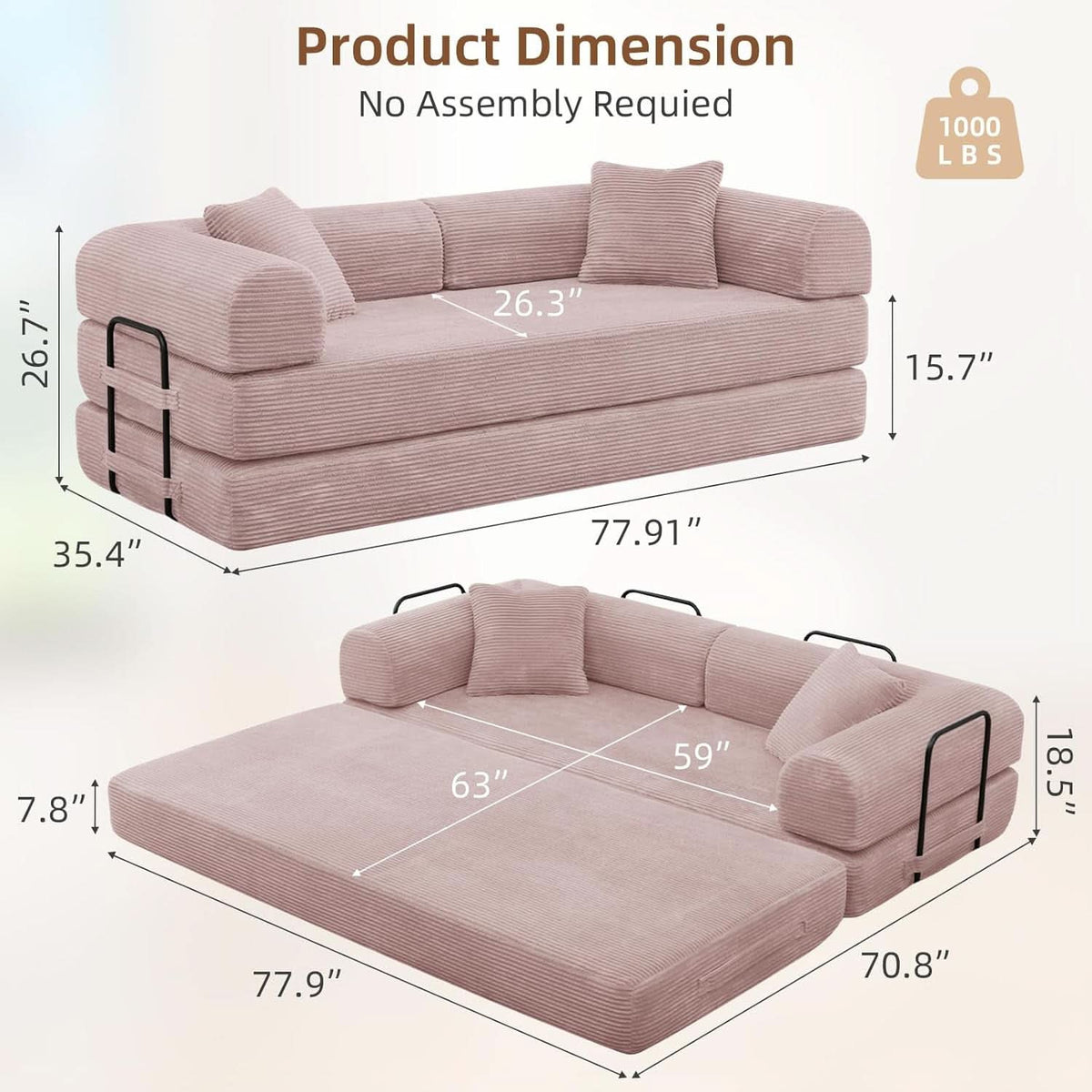 Transformable Sofa Bed QueenSize Pink Folding Frame-2